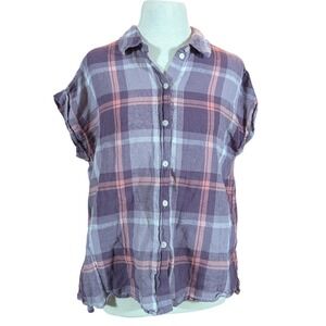 Sanctuary Plaid Shirt Womens L Purple Coral Button Down Cap Sleeve Casual Top